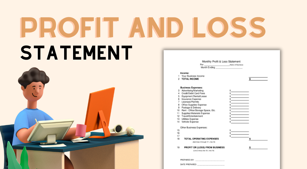 The blank P&L statement template and the image of the man with computer